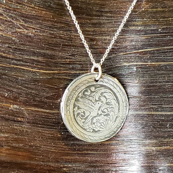 Hummingbird sterling silver charm necklace, large circle 1 1/16", round bird pendant, art nouveau. Vintage inspired. Nature pendant.