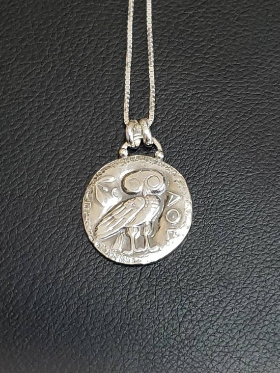 Sterling silver pendant owl Athena small greek coin old drachma reproduction 