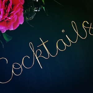 Wire 'Cocktails' sign, handmade wire words, names, phrases, quotes, lyrics, metal wall art, cursive lettering, lounge, kitchen, bar image 1