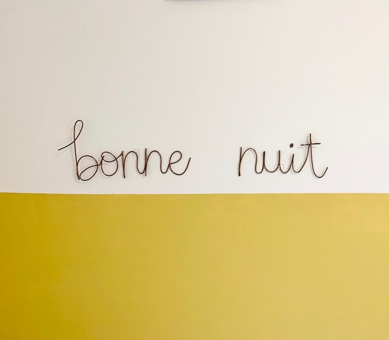 Signe bonne nuit de fil, mots de fil faits à la main, noms, phrases, citations, paroles, art de mur en métal, lettrage cursif, chambre à coucher image 1