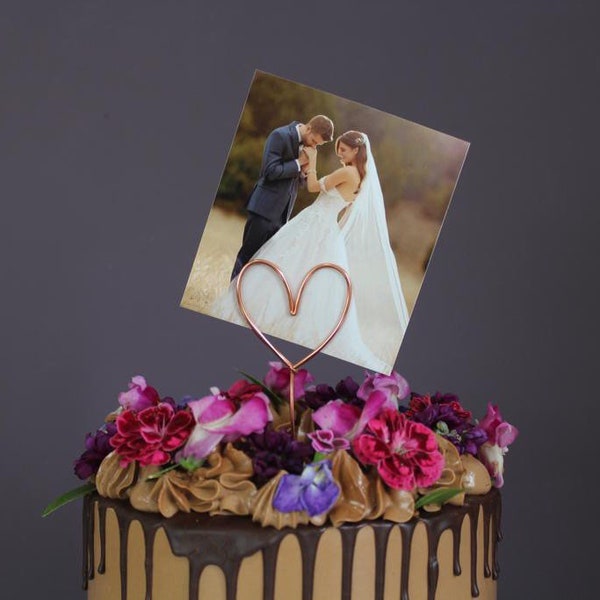 Topper de gâteau porte-photo coeur, fait main, fil de fer, mariage, fiançailles, anniversaire, âmes sœurs