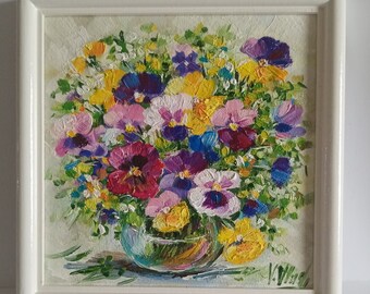 Violet Painting Spring Original Art Pansy Painting Flower Art Small Watercolor 7 by 5 Floral Wall Art by ElgrigoArtShop