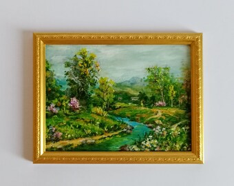 Rural Landscape. Original Oil Painting in a Frame.Wall Home Decor.Beautiful small painting. Sunny day.Nice gift for her.8"6"