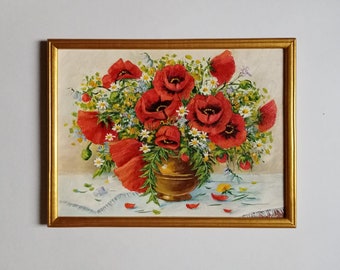 Rote Mohnblumen. Originales Ölgemälde auf gespannter Leinwand in einem Holzrahmen. Wandkunst. Innenanstrich für Wohnzimmer. Geschenk für sie.16"12"