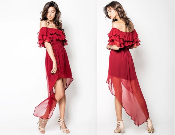 bardot off shoulder frill midi dress