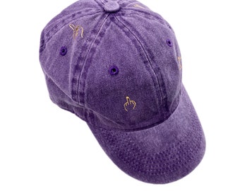 Cap, middle finger, feminist, vintage, blue, purple, gold, 6 panel