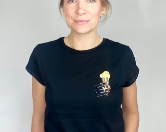 Black shirt, emotionally available, ice cream, glitter, feminism, statement shirt, fair trade