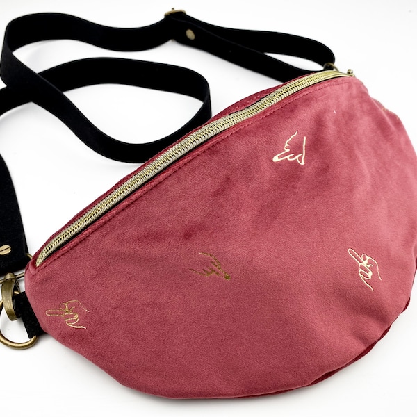 Bauchtasche, Samt, Rouge, Mittelfinger, Hipbag, gold, Gürteltasche, Crossbody-Tasche