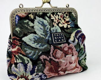 Large clip purse with metal clasp, handmade, jacquard, red satin, feminist design