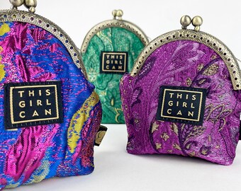Small clip purse with metal clasp, handmade, jacquard fabric, metallic glitter, feminist design