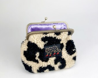 Medium clip purse, with metal clasp, handmade, Leo Teddy print, purple satin, Feminism design