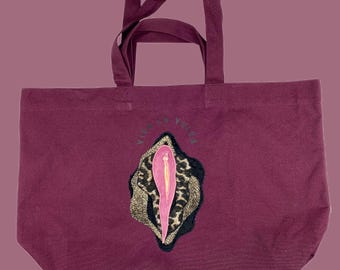 Large Fairtrade fabric bag, Viva la Vulva, Feminism statement, appliqués, glitter, unique item, burgundy
