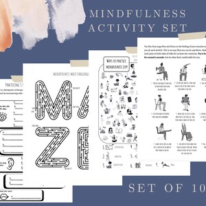May include: A set of 10 mindfulness activity worksheets with black and white illustrations. The worksheets include a maze, an I Spy game, and instructions for chair yoga poses. The text on the worksheets includes "Mindfulness Maze Challenge", "Practicing 5-4-3-2-1", "Ways to Practice Mindfulness I Spy", and "Set of 10".