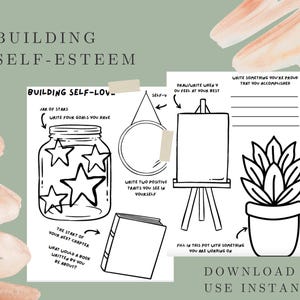 May include: Black and white printable worksheet with the title "Building Self-Esteem" and "Building Self-Love". The worksheet includes prompts for self-reflection and activities such as drawing a jar of stars, writing down goals, and listing positive traits.