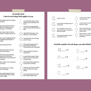 May include: A black and white sensory quiz with a variety of questions about different sensory experiences. The quiz uses different shapes to represent each question, including circles, squares, triangles, diamonds, stars, and balloons.