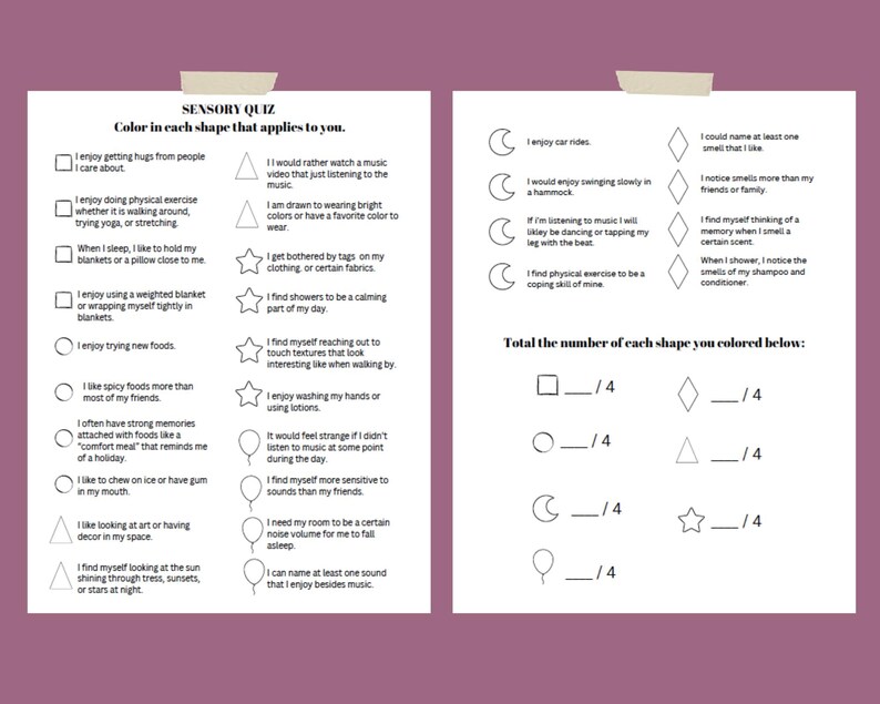 May include: A black and white sensory quiz with a variety of questions about different sensory experiences. The quiz uses different shapes to represent each question, including circles, squares, triangles, diamonds, stars, and balloons.