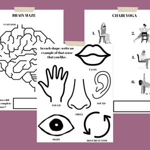 May include: A printable worksheet with two activities: a brain maze and chair yoga. The brain maze is a black and white outline of a brain with a path to follow. The chair yoga activity shows six different poses that can be done while sitting in a chair.