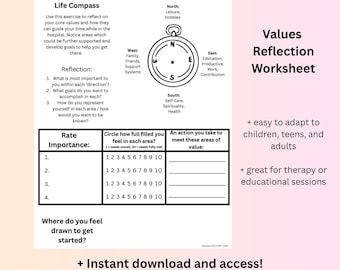 Values Education, Therapy Session Worksheet, Setting Goals with Values, Reflection Worksheets, Personal Goal Development