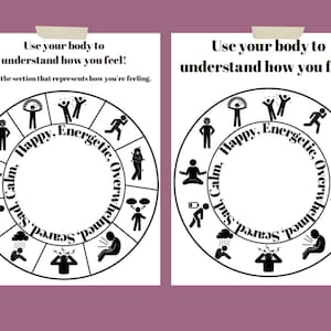 May include: Black and white printable wheel with 8 sections, each with a different emotion and corresponding body language. The emotions are: Calm, Happy, Energetic, Overwhelmed, Sad, Scared, Angry, and Frustrated. The text "Use your body to understand how you feel!" is at the top of the wheel.