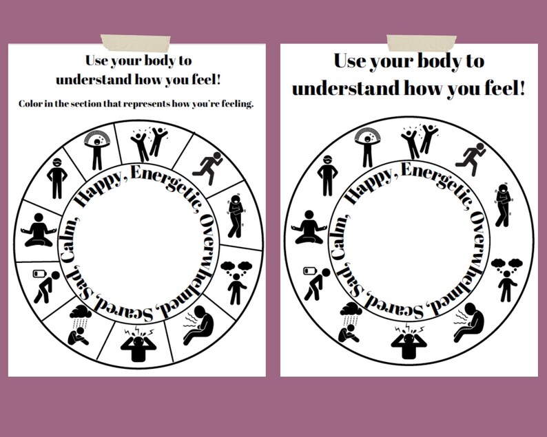May include: Black and white printable wheel with 8 sections, each with a different emotion and corresponding body language. The emotions are: Calm, Happy, Energetic, Overwhelmed, Sad, Scared, Angry, and Frustrated. The text "Use your body to understand how you feel!" is at the top of the wheel.