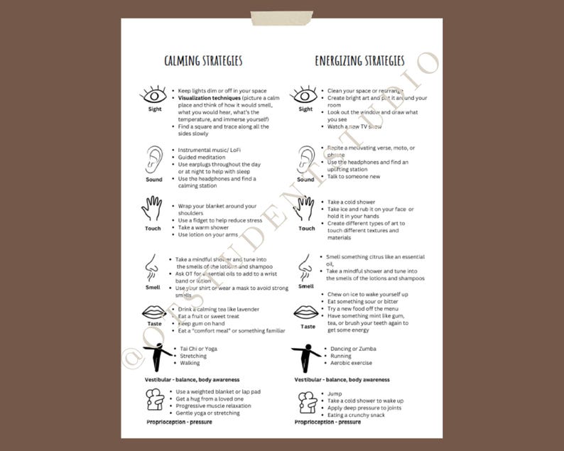 Sensory Intervention Ideas Therapy Session Handouts Sensory Regulation Worksheets Occupational Therapy Interventions Social Work Child Life Specialist Paraprofessional OT Ideas Pediatric Session Ideas Teacher Education Worksheets Teens Adults