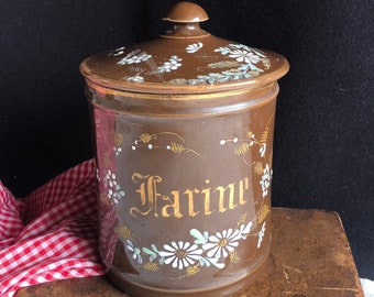 Ceramic, stone ware Vintage French Kitchen canister, jar, spice jar. FARINE, in gold on brown. Hand painted decoration. Cute!