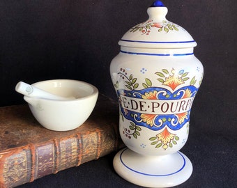 E. De POURPIER, PHARMACY, APOTHECARY ceramic/porcelain jar. Vintage French,  “St Clement France” on bottom