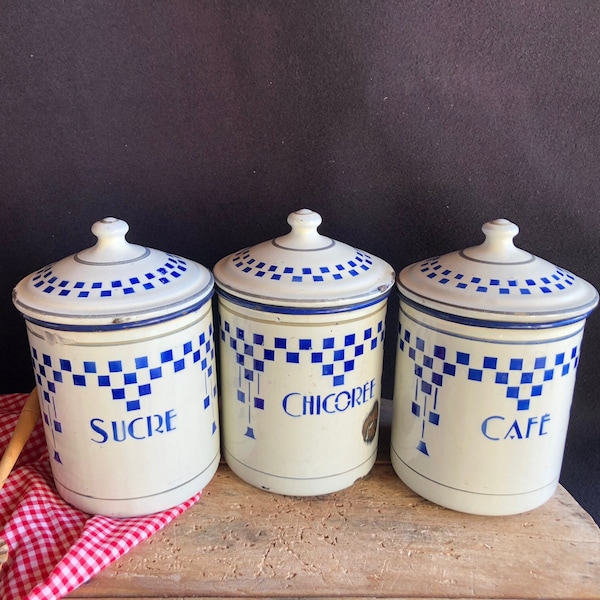 3 Authentic Vintage French Enamel Kitchen jars, canisters, storage containers, White and Bleu, kitchen decoration. LUSTUCRU