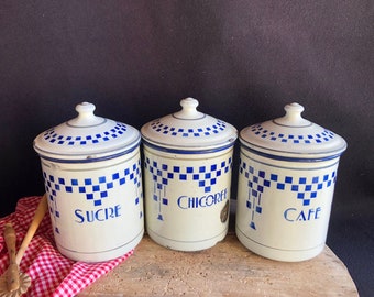 3 Botes de cocina vintage esmaltados franceses, LUSTUCRU, blanco y azul