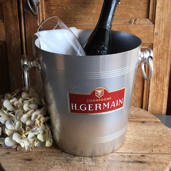 H. GERMAIN Vintage French Champagne cooler, ice bucket.  Great condition! Lovely industrial riveted fittings that hold ring handles.