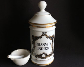 Authentic PHARMACY, Apothecary porcelain jar. Vintage French. Label says: CHANVRE INDIEN, Au pot de Gallien made, Limoges porcelain.