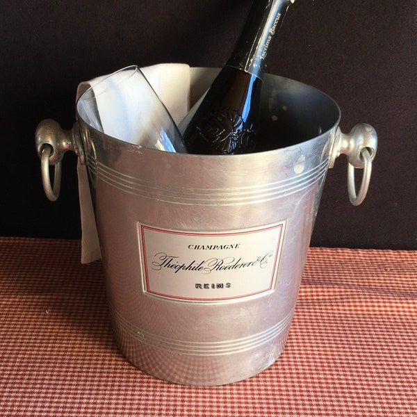 THEOPHILE ROEDERER, Reims, Champagne bucket, wine cooler, ice bucket. Nice logo on 1 side. 1970’s, ring handles, Industrial, bar, bistro