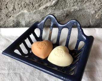 Vintage French Dark Bleu Cast Iron Soap Dish, Wall Mounted Enamelware