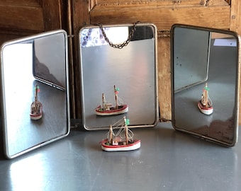 Vintage French 1950’s Barbers mirror, TRIPTYCH, TRIPTYQUE, Trifold. Metal frames are bit rusty. Smaller size, cute!
