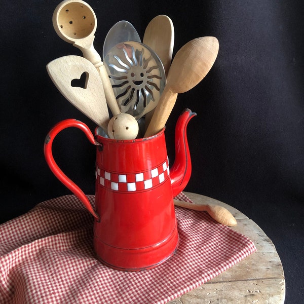 RED ENAMEL LUSTUCRU Vintage French coffee pot, pitcher, very cute, and good vintage condition. Pot only, no lid or filter. Great vase!