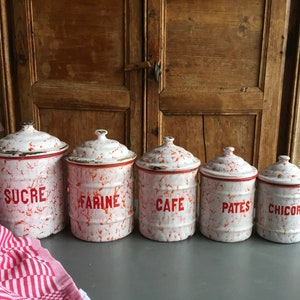 5 Vintage French White and orange / red  Enamel Kitchen jars, canisters, storage containers, kitchen decoration
