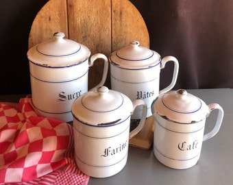 4 barattoli da cucina, contenitori, contenitori di stoccaggio autentici vintage francesi smaltati. Insolito con le maniglie! Bianco e blu, decorazione della cucina.