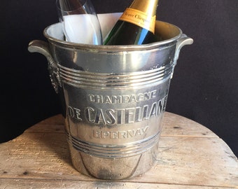 Antique French ART DECO 1930’s chromed Champagne bucket, wine cooler. Beautiful embossed “De CASTELLANE” Champagne logo. Made by Argit .