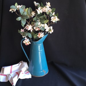 Tall ENAMEL jug, pitcher, Vintage French. Good condition except for the obvious bits of enamel missing + a tiny hole in bottom