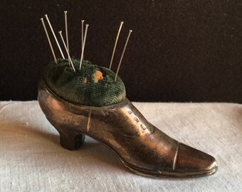 Antique French PIN CUSHION, silver plated shoe shape