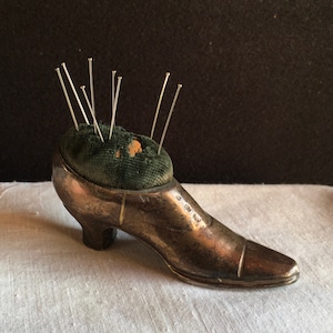 Antique French PIN CUSHION, silver plated shoe shape