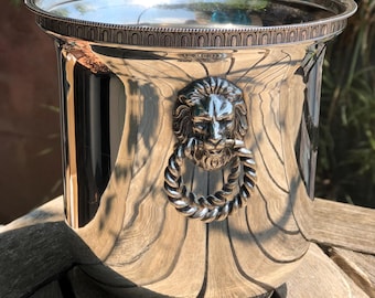 Vintage French SILVER PLATED plated ice bucket. Lion Head fittings, twisted ring handles. Smaller size.