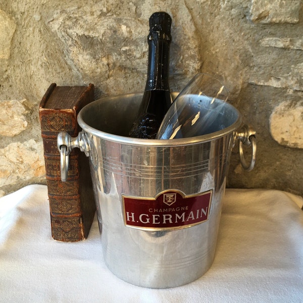 FUNKY “H. Germain” Vintage French Champagne cooler, ice bucket. USED! Lovely industrial riveted fittings that hold ring handles.