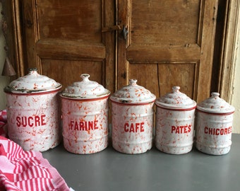 5 Vintage French White and orange / red  Enamel Kitchen jars, canisters, storage containers, kitchen decoration