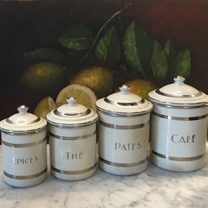 4 “YAPY” White and Silver Vintage French Enamel Kitchen jars, canisters, storage containers, tea caddies, spice jars. ART DECO style labels