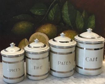 4 “YAPY” White and Silver Vintage French Enamel Kitchen jars, canisters, storage containers, tea caddies, spice jars. ART DECO style labels