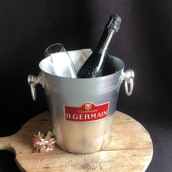 H. GERMAIN Vintage French Champagne cooler, ice bucket.  Great condition! Lovely industrial riveted fittings that hold ring handles.