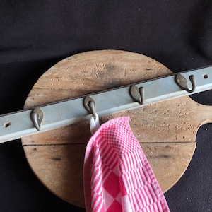 Vintage Wooden COATRACK, towel hooks, 4 metal hooks, painted, great patina! 1950’s French. Bathroom, kitchen hooks.