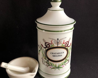 APOTHEEK, Apotheker keramiek/porseleinen pot. Vintage Frans. Op het etiket staat: CRATAEGUS MELISSA. Vervaardiging “La Reine”, Limoges-porselein.