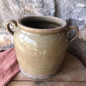 Antique French beige stoneware confit pot, crock pot, kitchen utensil container, stoneware pot great condition. Nice handles.